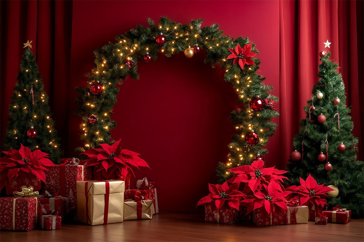 Roter Weihnachtshintergrund Weihnachtsstern-Girlandenbogen-Display Weihnachtshintergründe RR69-105