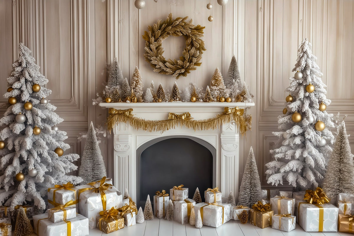Weihnachtliche Kaminkulisse Retro-Wand Mit Goldenem Kaminsims Weihnachts-Fotohintergründe RR69-108