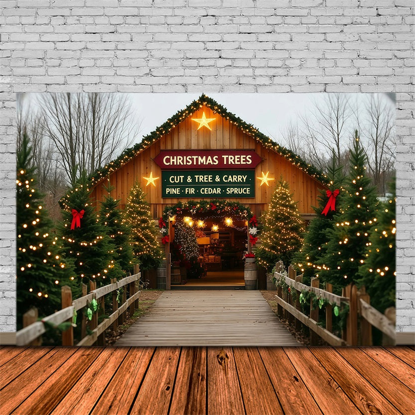 Kulisse Für Eine Weihnachtsbaumfarm Eingang Mit Scheunentor Weihnachts-Wandhintergründe RR69-109