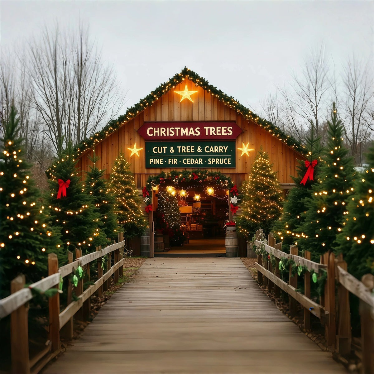 Kulisse Für Eine Weihnachtsbaumfarm Eingang Mit Scheunentor Weihnachts-Wandhintergründe RR69-109