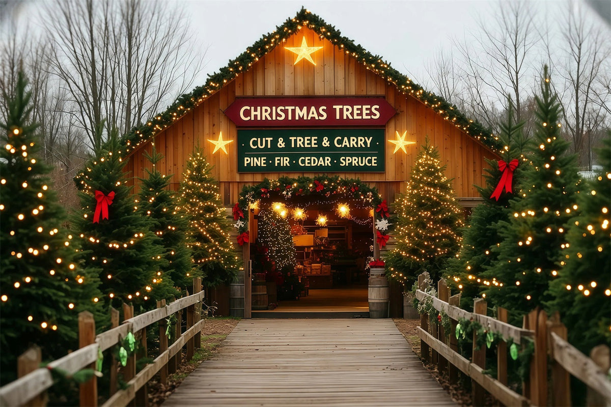 Kulisse Für Eine Weihnachtsbaumfarm Eingang Mit Scheunentor Weihnachts-Wandhintergründe RR69-109