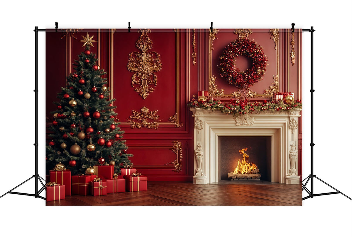Weihnachtskamin-Hintergrund Vintage Purpurroter Kaminsims-Kranz Weihnachtshintergründe RR69-11