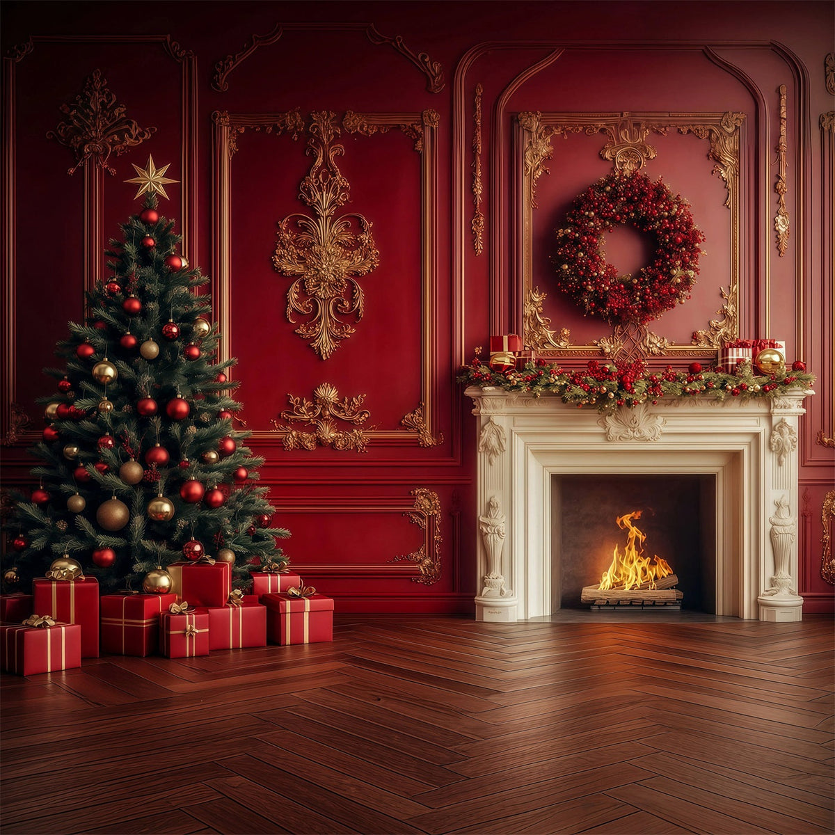 Weihnachtskamin-Hintergrund Vintage Purpurroter Kaminsims-Kranz Weihnachtshintergründe RR69-11