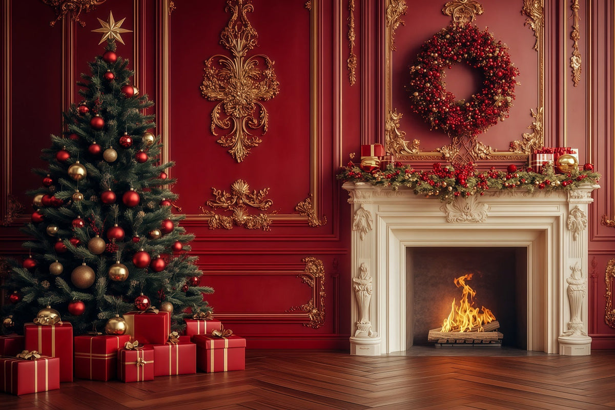 Weihnachtskamin-Hintergrund Vintage Purpurroter Kaminsims-Kranz Weihnachtshintergründe RR69-11