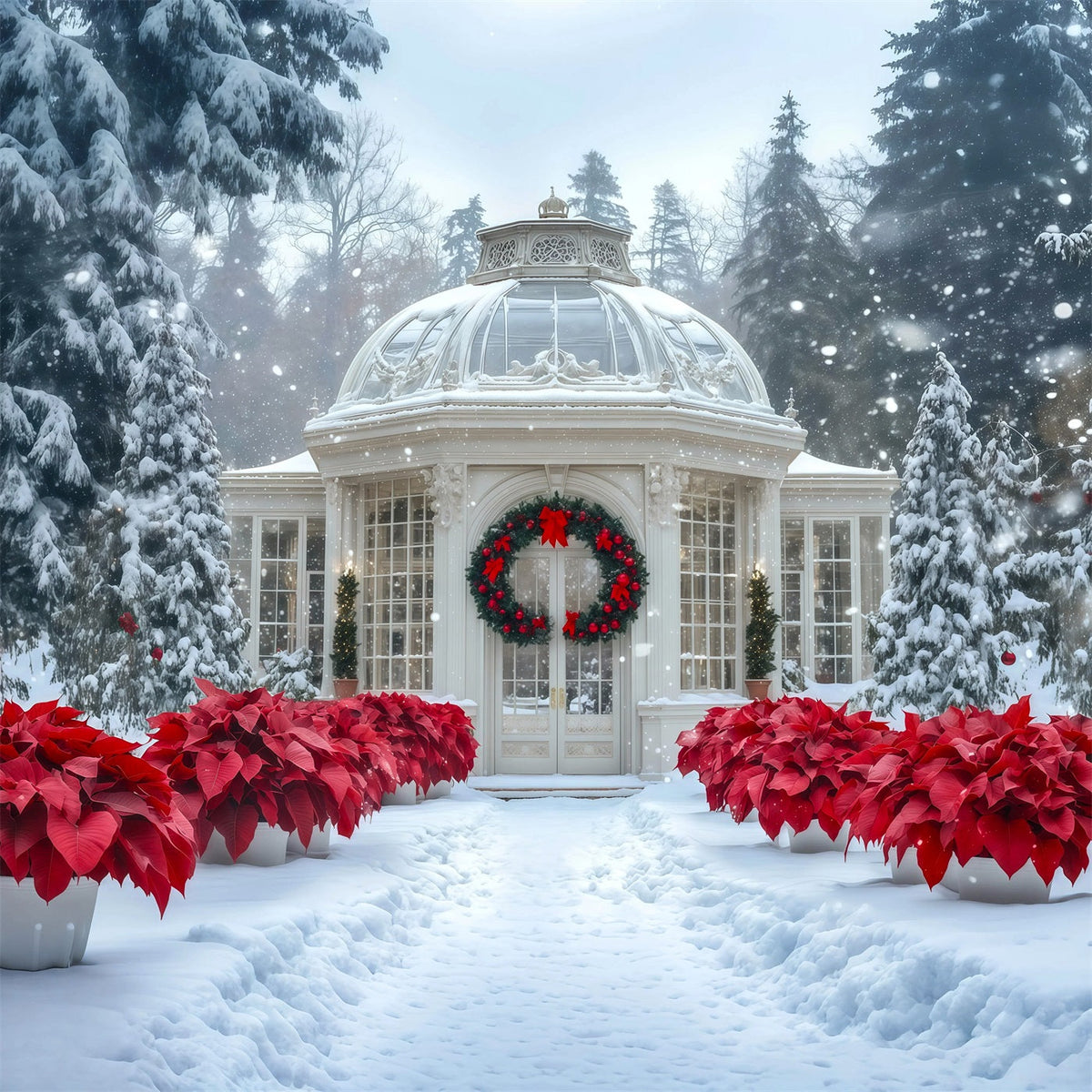 Verschneite Weihnachtskulisse Weihnachtssterngarten Im Wintergarten Weihnachtshintergrund Für Fotografie RR69-12