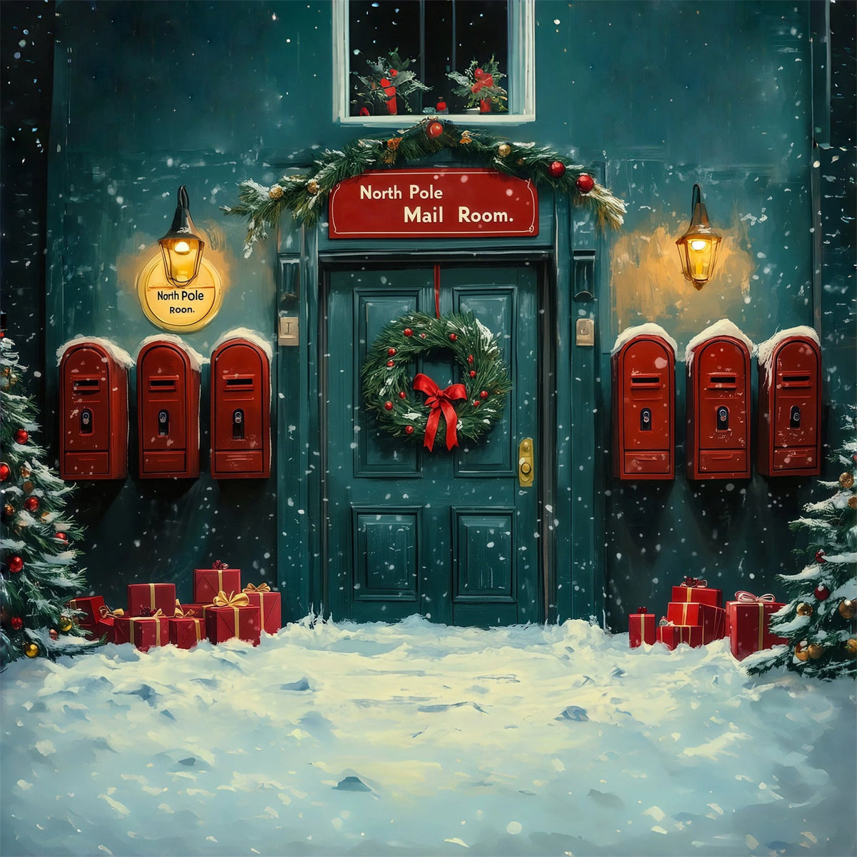 Weihnachtskulisse Nordpol Verschneite Postraumtür Weihnachts-Fotohintergründe RR69-14