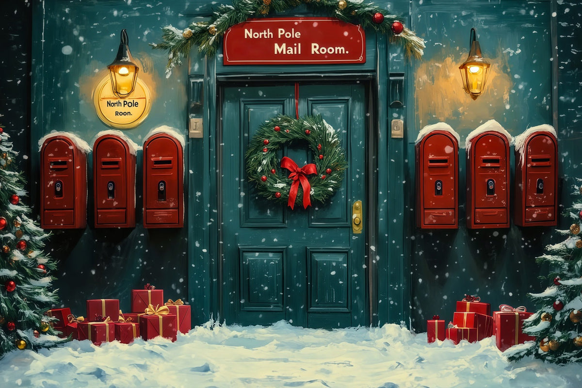 Weihnachtskulisse Nordpol Verschneite Postraumtür Weihnachts-Fotohintergründe RR69-14