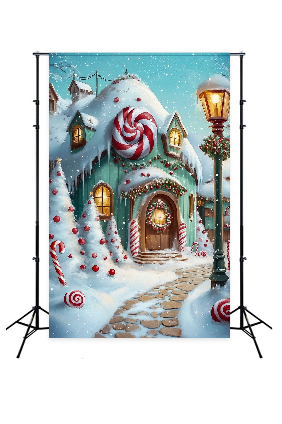Weihnachtssüßigkeiten-Hintergrund Weg Zum Verschneiten Lebkuchenhaus Weihnachtskulisse Für Den Innenbereich RR69-18