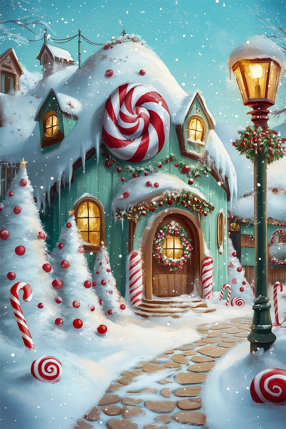 Weihnachtssüßigkeiten-Hintergrund Weg Zum Verschneiten Lebkuchenhaus Weihnachtskulisse Für Den Innenbereich RR69-18