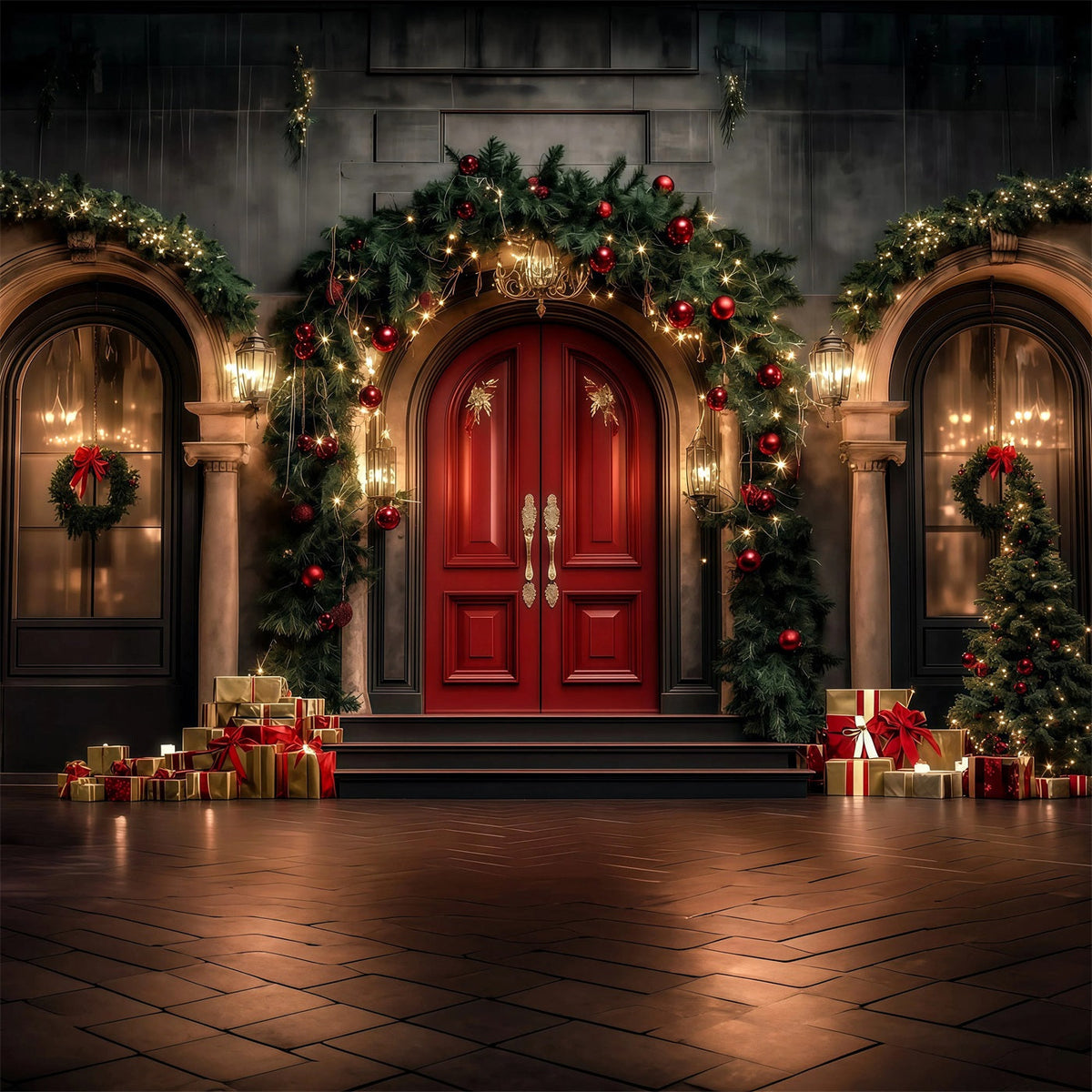 Weihnachtsbogen-Hintergrund Luxuriöser Türeingang Mit Girlande Studiohintergründe Weihnachten RR69-19