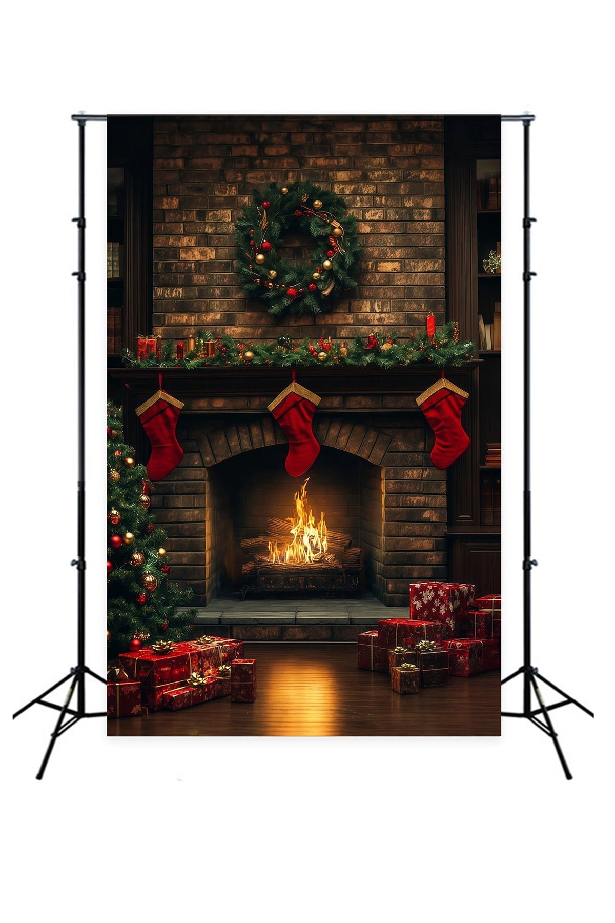 Gemütliche Weihnachtskulisse Kamin Aus Ziegelsteinen, Strumpfleuchten Studio-Weihnachtskulisse RR69-23