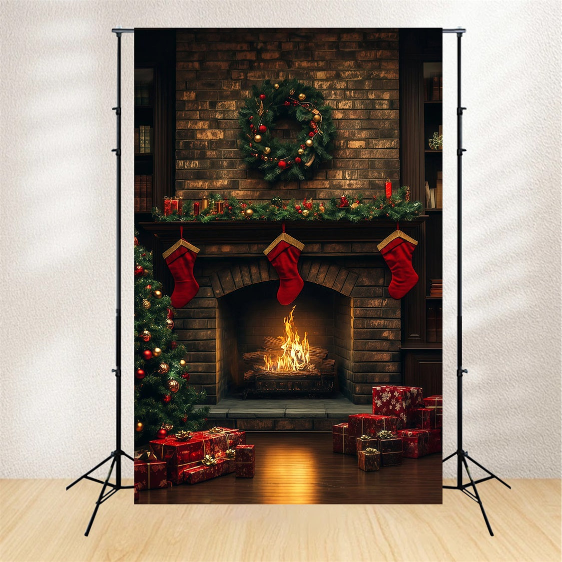 Gemütliche Weihnachtskulisse Kamin Aus Ziegelsteinen, Strumpfleuchten Studio-Weihnachtskulisse RR69-23