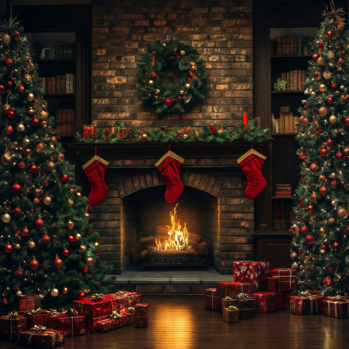 Gemütliche Weihnachtskulisse Kamin Aus Ziegelsteinen, Strumpfleuchten Studio-Weihnachtskulisse RR69-23