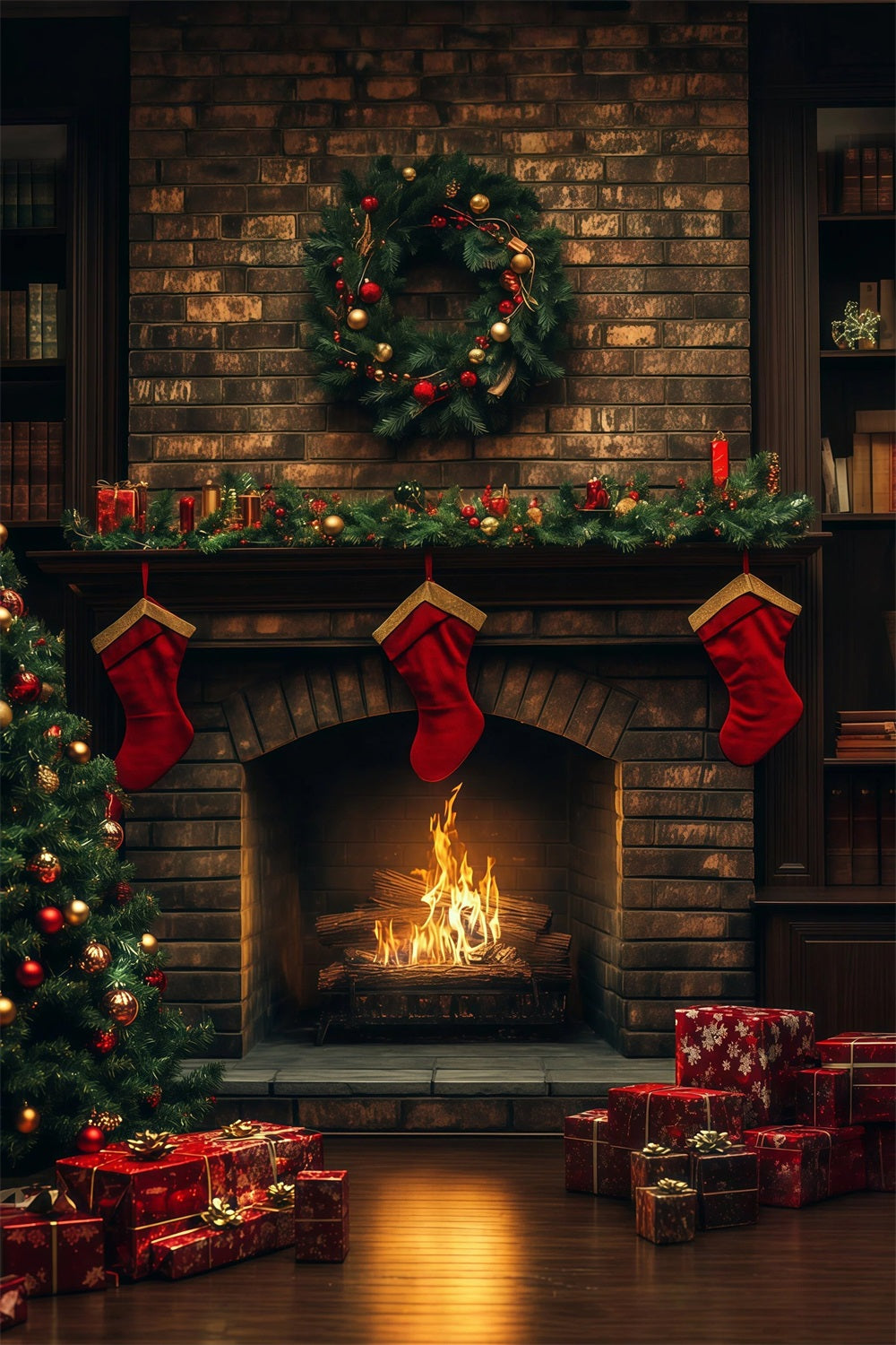 Gemütliche Weihnachtskulisse Kamin Aus Ziegelsteinen, Strumpfleuchten Studio-Weihnachtskulisse RR69-23