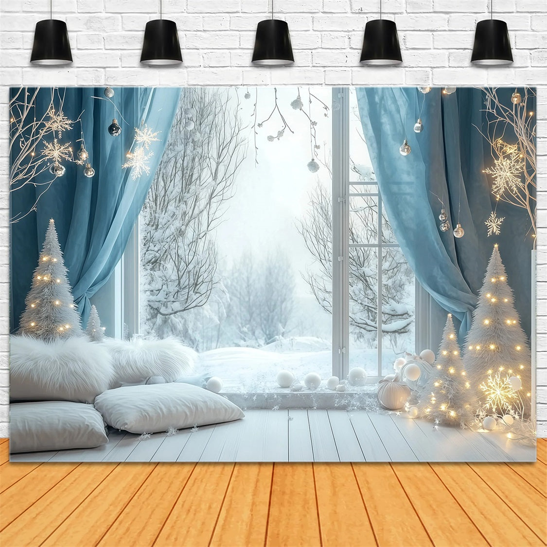 Weihnachtsbeleuchtung-Hintergrund Schlafzimmer Mit Schneeblauem Fenster Studio-Weihnachtskulissen RR69-24