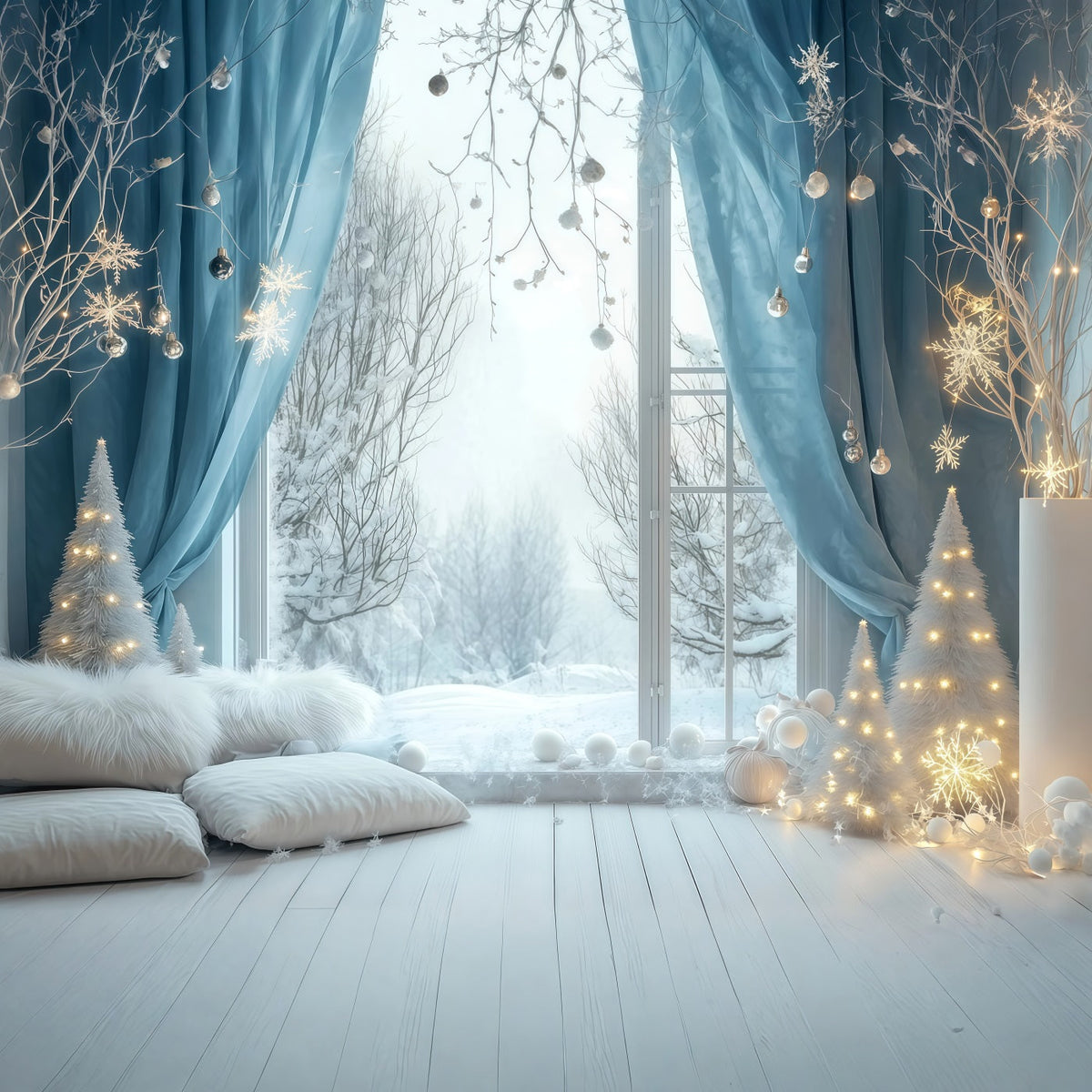 Weihnachtsbeleuchtung-Hintergrund Schlafzimmer Mit Schneeblauem Fenster Studio-Weihnachtskulissen RR69-24