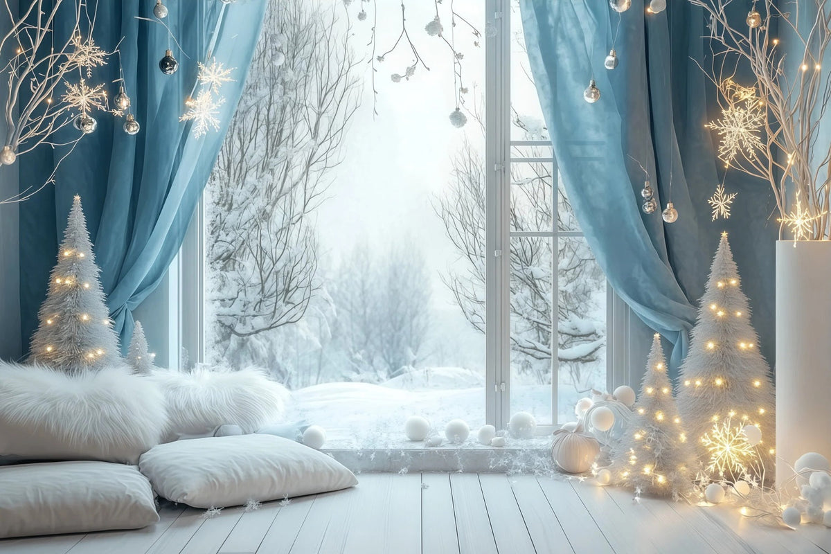 Weihnachtsbeleuchtung-Hintergrund Schlafzimmer Mit Schneeblauem Fenster Studio-Weihnachtskulissen RR69-24