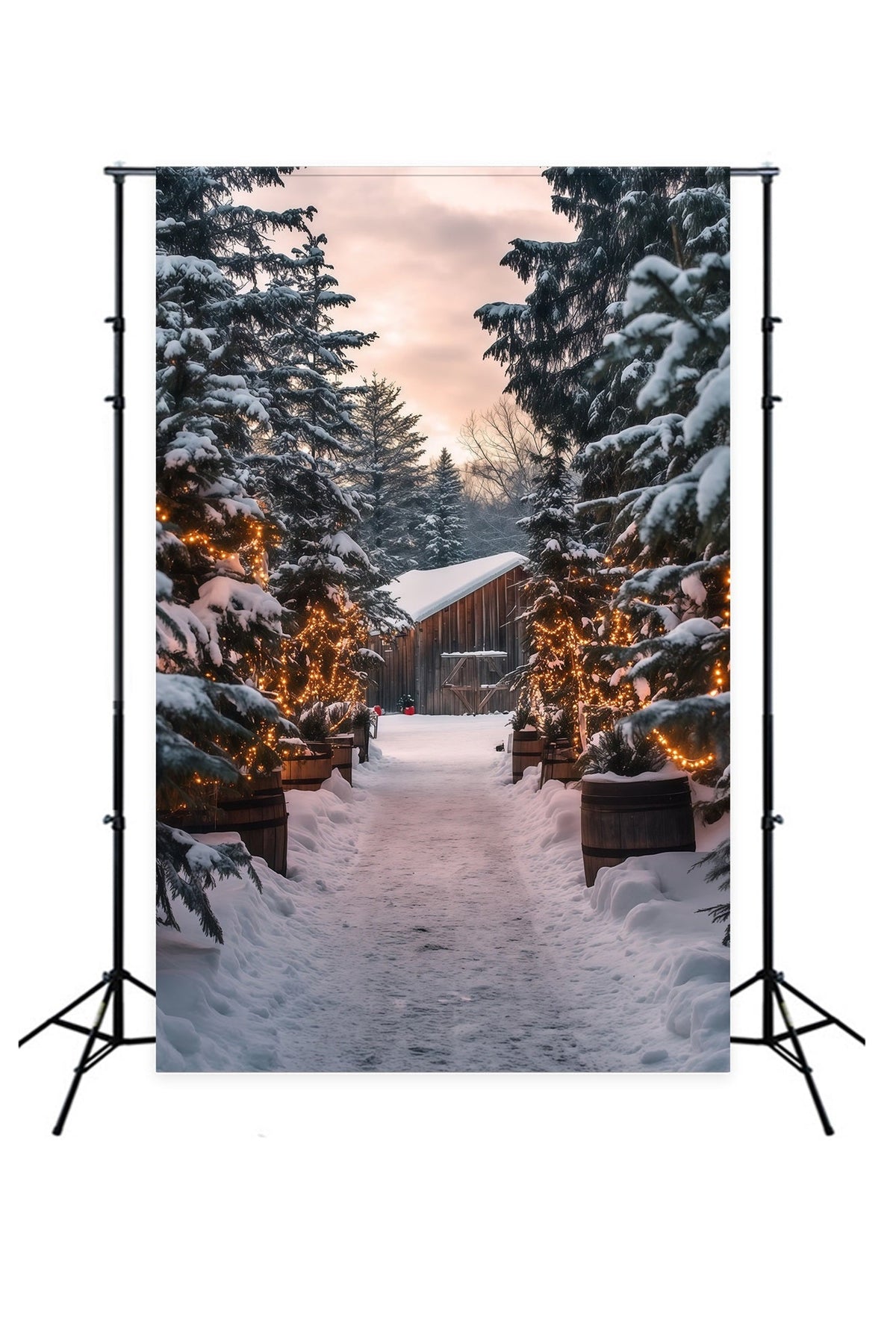 Weihnachtshütten-Kulisse Lichtpfad Im Verschneiten Wald Weihnachtsstudio-Hintergrund RR69-25