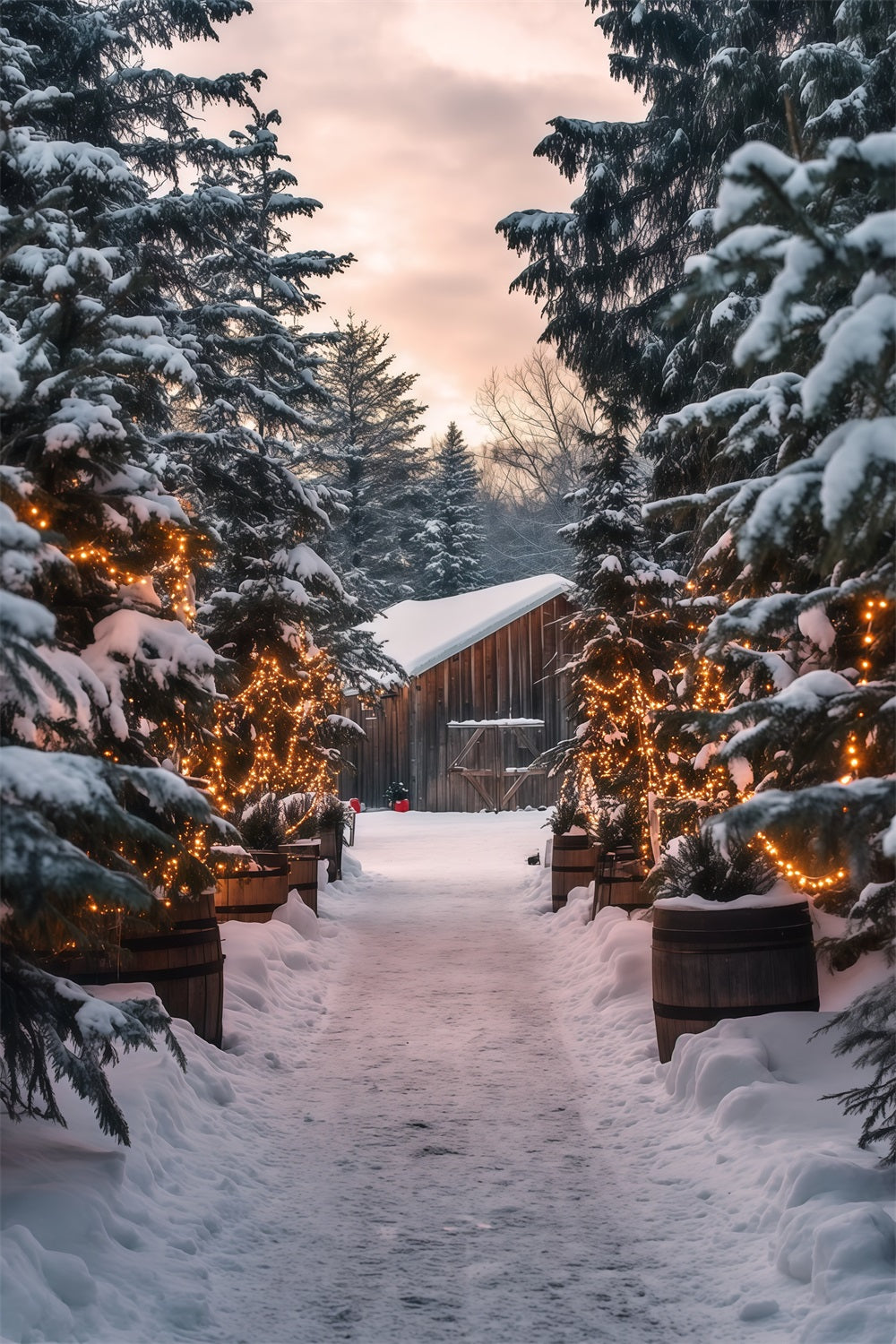 Weihnachtshütten-Kulisse Lichtpfad Im Verschneiten Wald Weihnachtsstudio-Hintergrund RR69-25