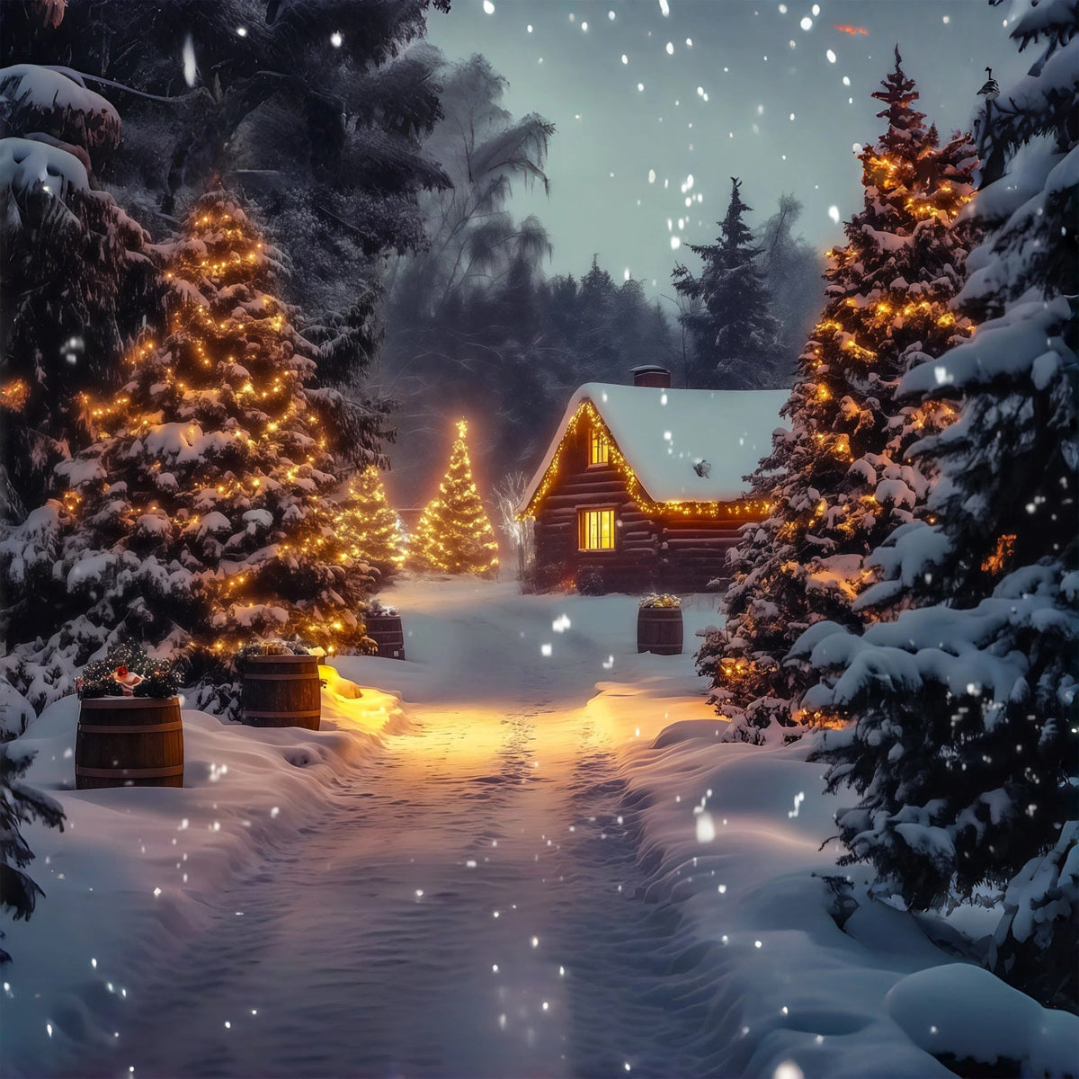 Winterliche Weihnachtskulisse Gemütliche Hütte Im Kiefernholz-Look Weihnachts-Musselin-Hintergrund RR69-26