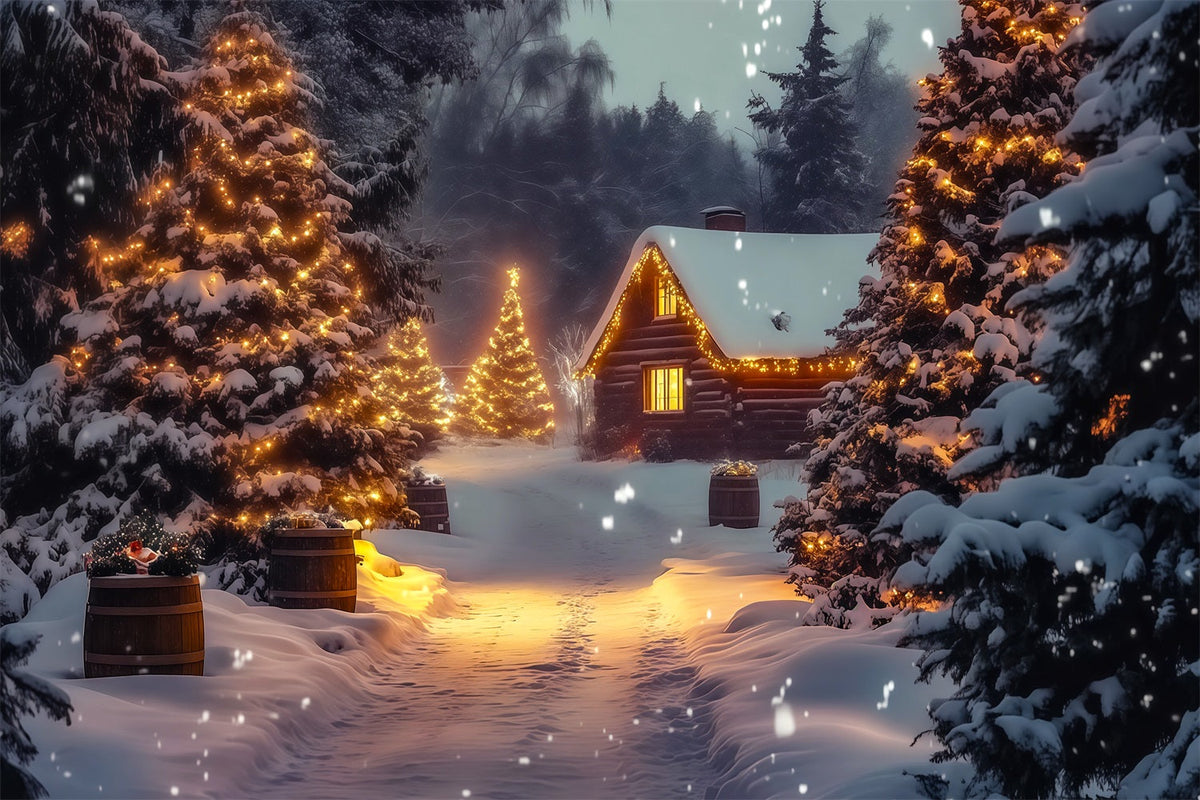Winterliche Weihnachtskulisse Gemütliche Hütte Im Kiefernholz-Look Weihnachts-Musselin-Hintergrund RR69-26