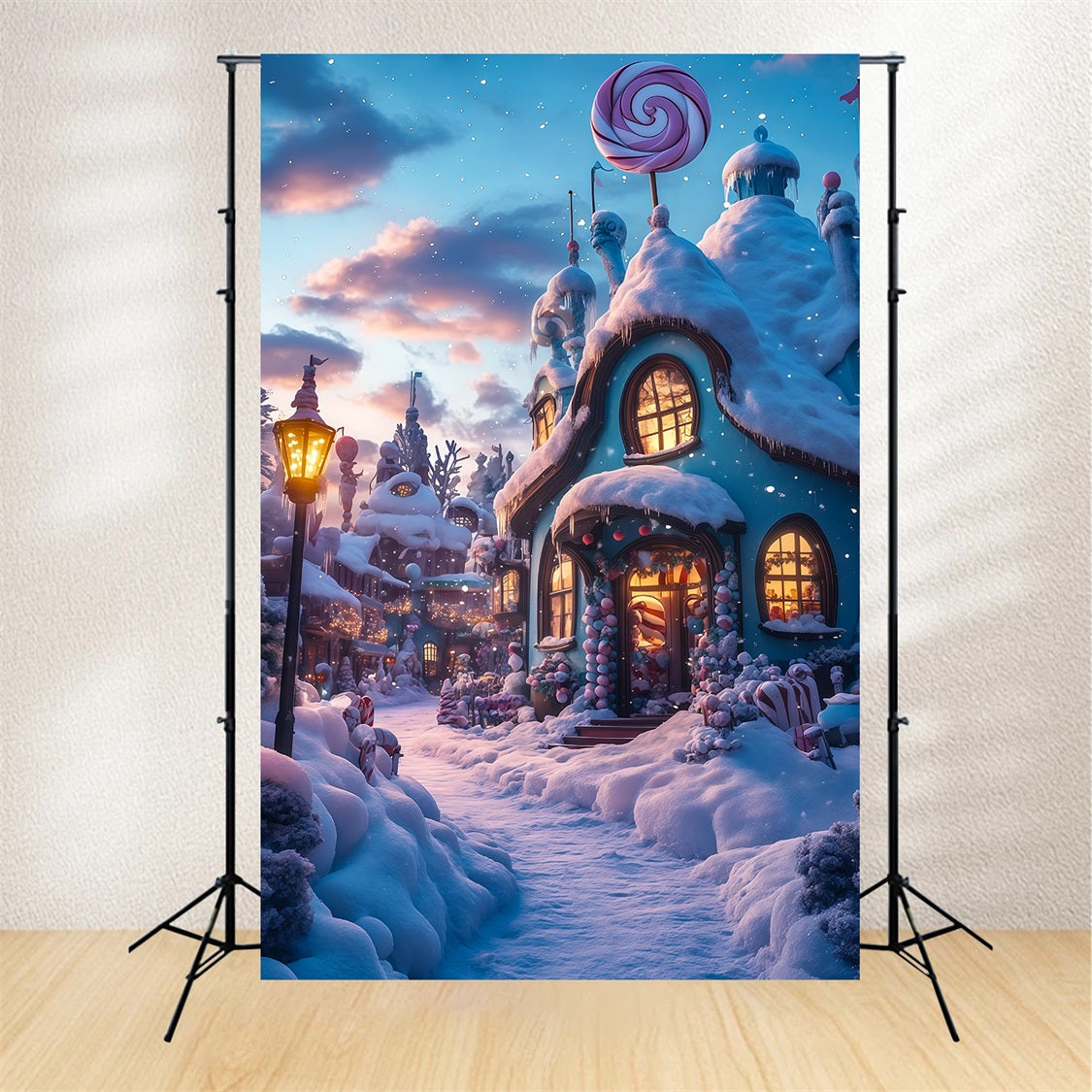 Weihnachtsdorf-Kulisse Candyland Schneehütte Weihnachtshintergründe Für Den Innenbereich RR69-28
