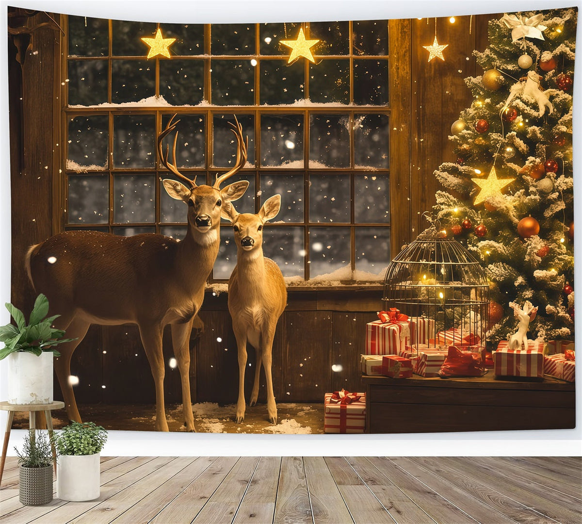 Weihnachtsfenster-Hintergrund Geschenkecke Hirschsterne Weihnachts-Fotografie-Hintergrund RR69-3