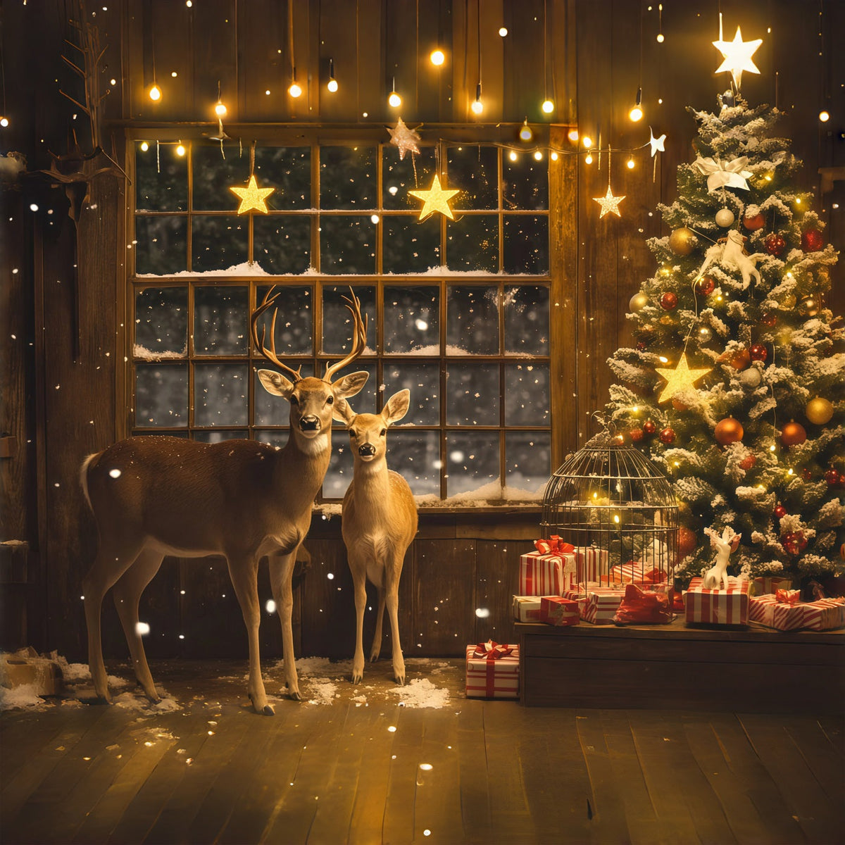 Weihnachtsfenster-Hintergrund Geschenkecke Hirschsterne Weihnachts-Fotografie-Hintergrund RR69-3