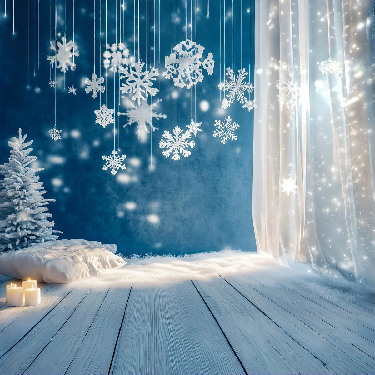 Einfacher Weihnachtshintergrund Frostiger Schneeflockenvorhang Glühen Weihnachtswand-Hintergrund RR69-30