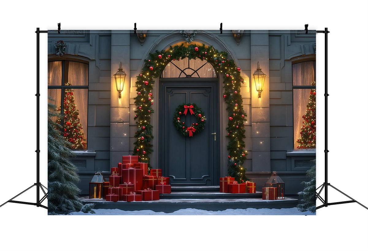 Weihnachtsnacht-Hintergrund Eleganter Eingang Mit Girlanden Weihnachtshintergrund Aus Musselin RR69-31