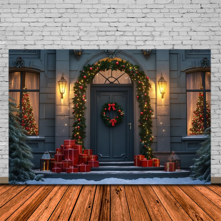 Weihnachtsnacht-Hintergrund Eleganter Eingang Mit Girlanden Weihnachtshintergrund Aus Musselin RR69-31