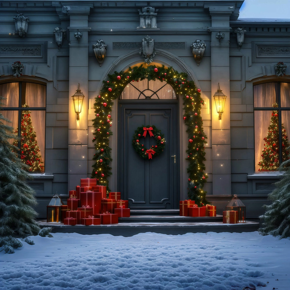 Weihnachtsnacht-Hintergrund Eleganter Eingang Mit Girlanden Weihnachtshintergrund Aus Musselin RR69-31