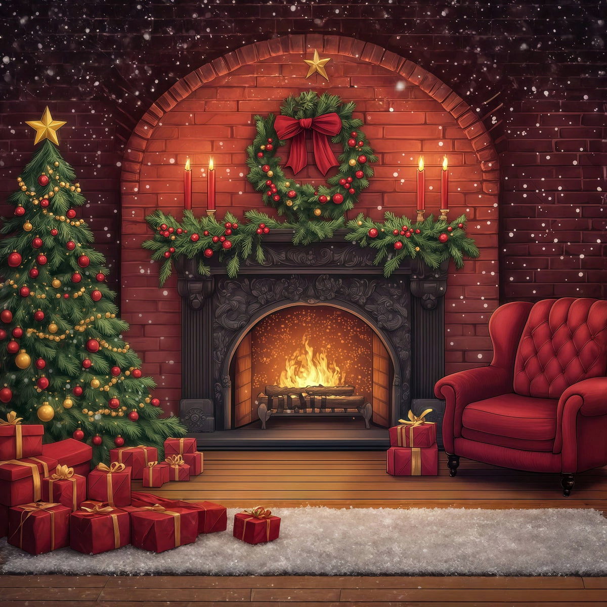 Niedliche Weihnachtskulisse Kamin Aus Ziegelsteinen, Girlande, Glanz Weihnachts-Fotohintergründe RR69-33