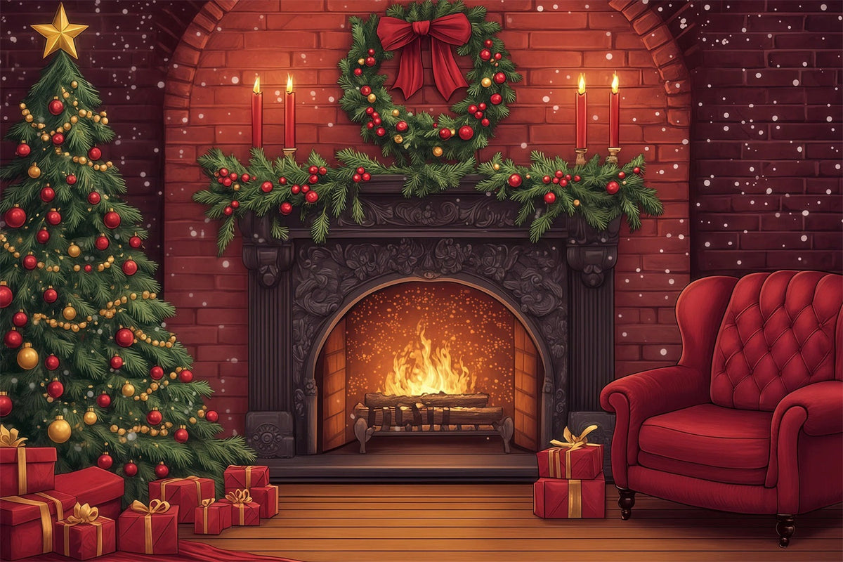 Niedliche Weihnachtskulisse Kamin Aus Ziegelsteinen, Girlande, Glanz Weihnachts-Fotohintergründe RR69-33