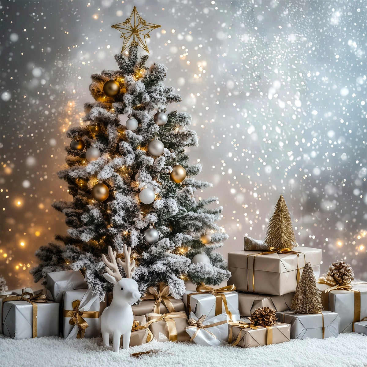 Weihnachts-Bokeh-Hintergrund Geschenkdisplay Frostbaum Weihnachtliche Musselin-Hintergründe RR69-34