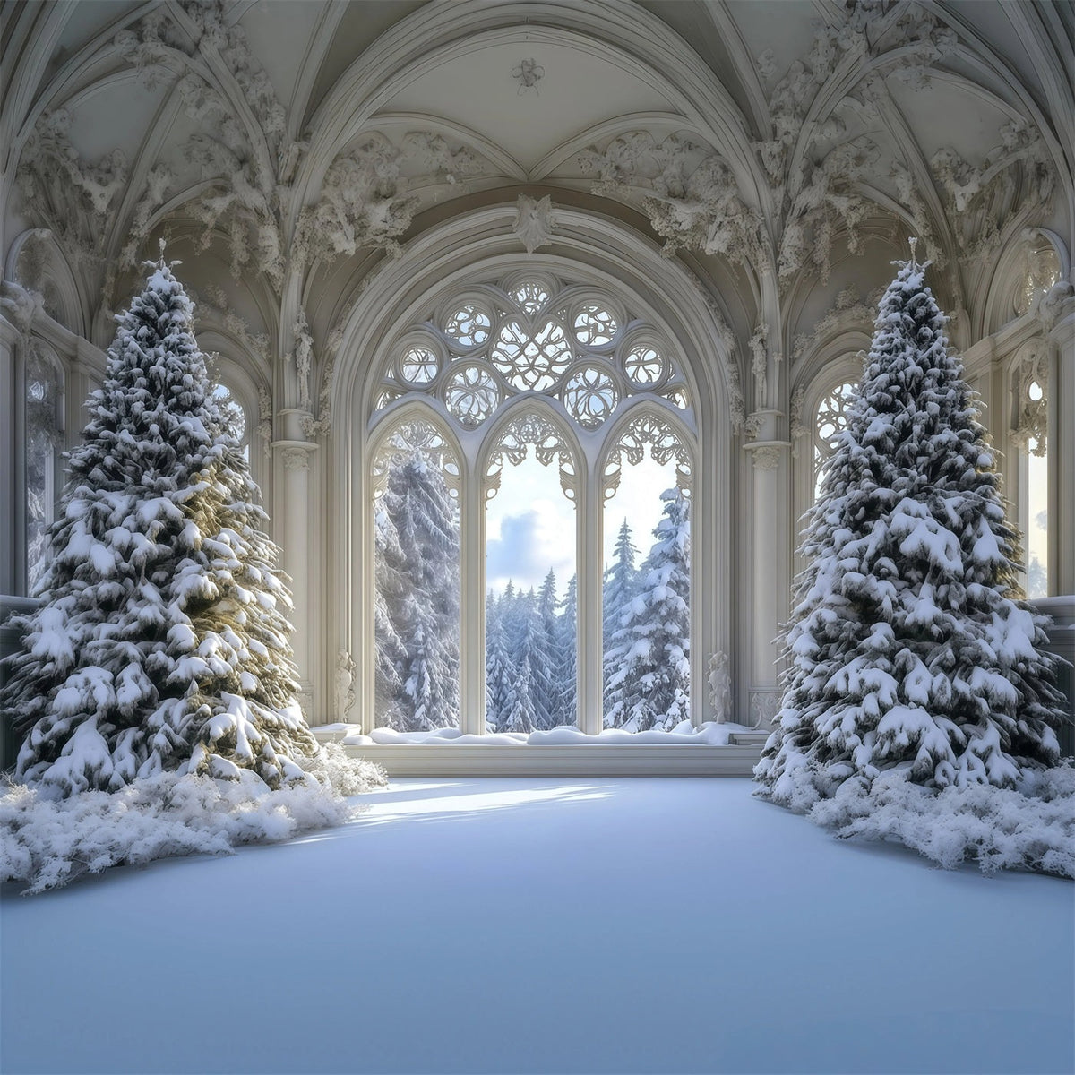 Weihnachtsbaum-Hintergrund Verschneiter Gotischer Fensterwald Weihnachtskulisse RR69-35