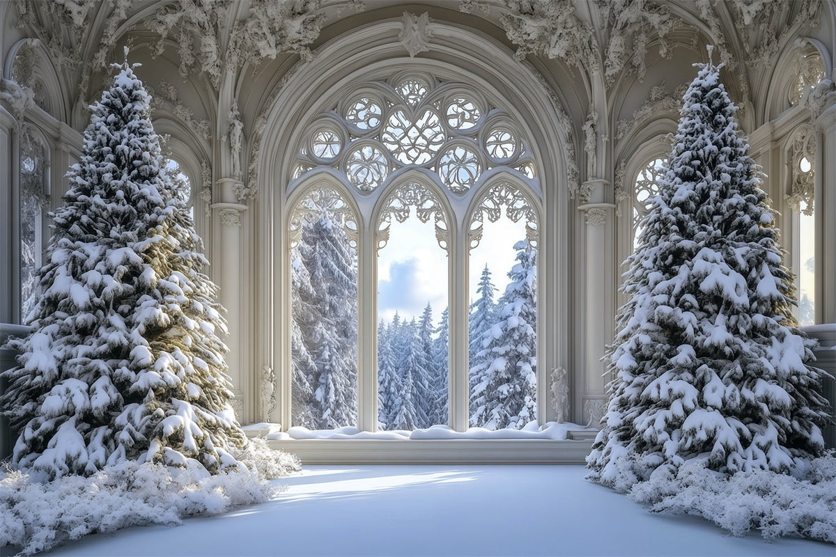 Weihnachtsbaum-Hintergrund Verschneiter Gotischer Fensterwald Weihnachtskulisse RR69-35