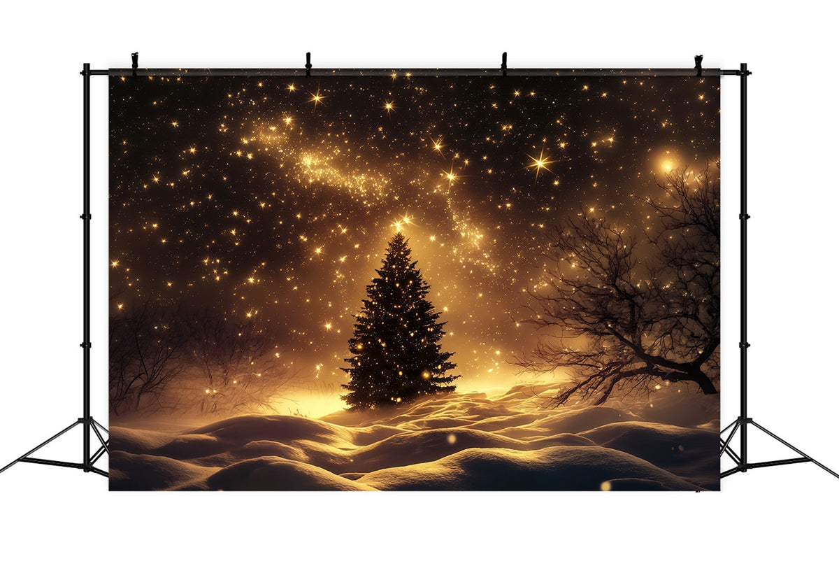 Weihnachtsschnee-Hintergrund Goldener Sternenhimmel-Schneefeldbaum Weihnachts-Fotohintergründe RR69-38