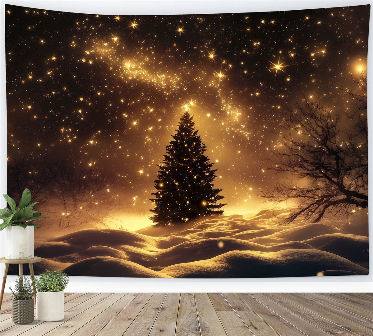 Weihnachtsschnee-Hintergrund Goldener Sternenhimmel-Schneefeldbaum Weihnachts-Fotohintergründe RR69-38