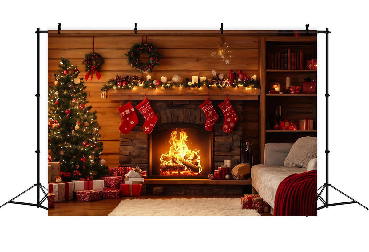 Rustikale Weihnachtskulisse Kamin-Weihnachtsstrumpf-Dekoration Für Hütten Weihnachts-Fotografie-Hintergrund RR69-40