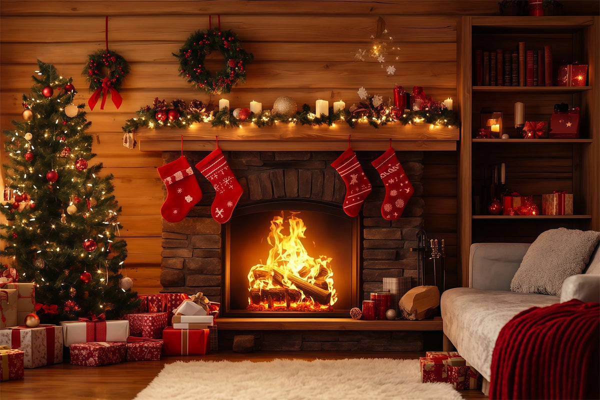 Rustikale Weihnachtskulisse Kamin-Weihnachtsstrumpf-Dekoration Für Hütten Weihnachts-Fotografie-Hintergrund RR69-40