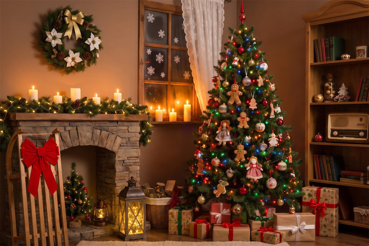 Weihnachtsnacht-Hintergrund Gemütliche Kaminpuppen-Dekoration Weihnachts-Fotografie-Hintergründe RR69-42