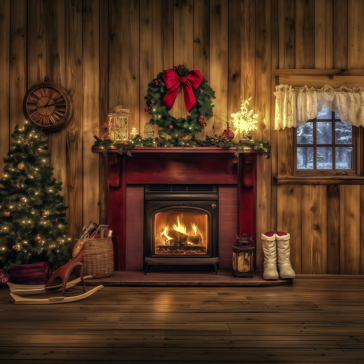 Weihnachtskulisse Aus Holz Rustikaler Roter Kaminsims Große Weihnachtskulissen RR69-44