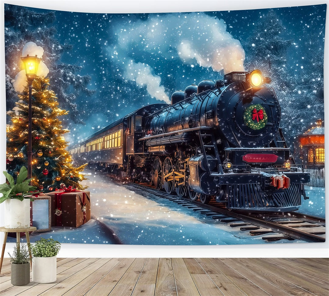Weihnachtszug-Kulisse Reise Zum Verschneiten Bahnhof Große Weihnachtskulisse RR69-47