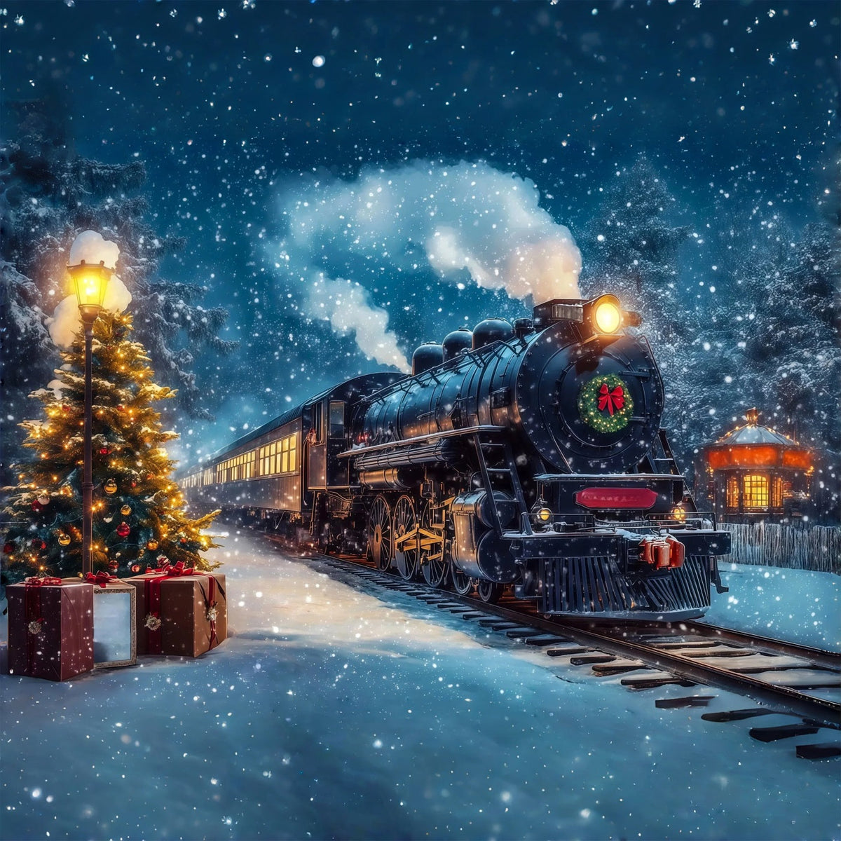 Weihnachtszug-Kulisse Reise Zum Verschneiten Bahnhof Große Weihnachtskulisse RR69-47