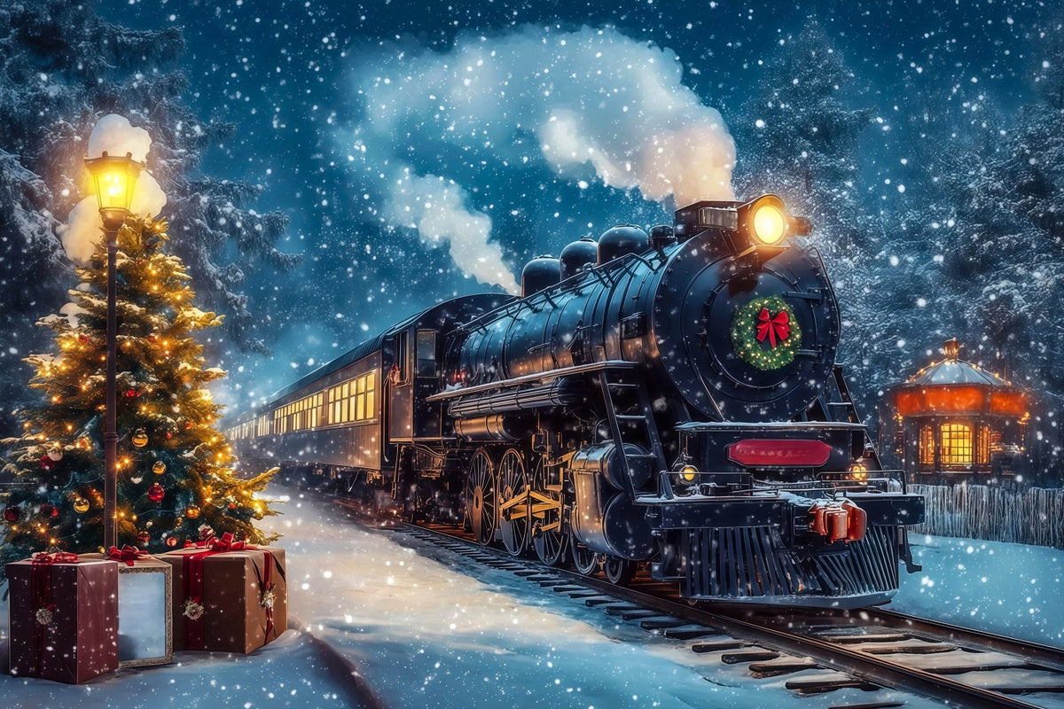 Weihnachtszug-Kulisse Reise Zum Verschneiten Bahnhof Große Weihnachtskulisse RR69-47