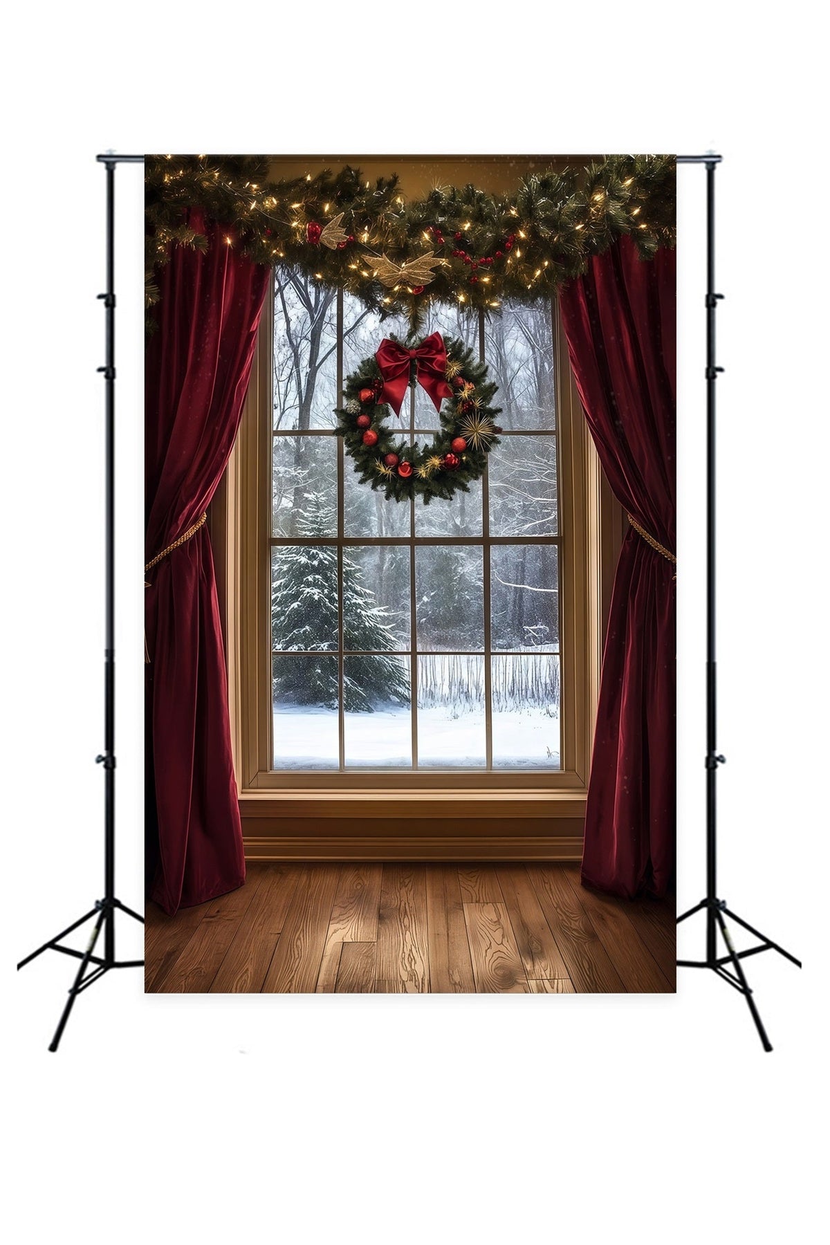 Weihnachtsfenster-Hintergrund Samtvorhang Mit Verschneitem Blick Weihnachtshintergrund Für Fotografie RR69-49