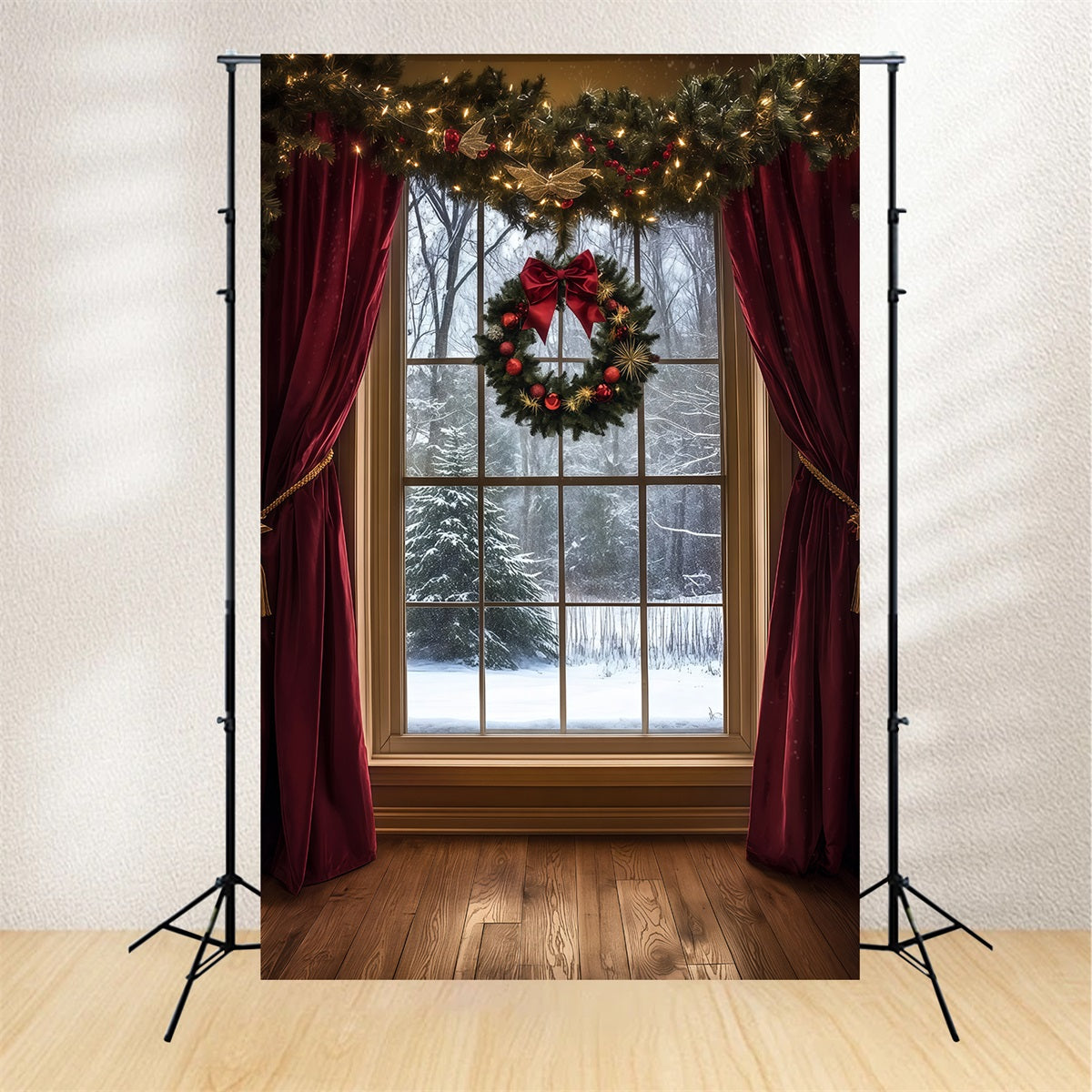 Weihnachtsfenster-Hintergrund Samtvorhang Mit Verschneitem Blick Weihnachtshintergrund Für Fotografie RR69-49