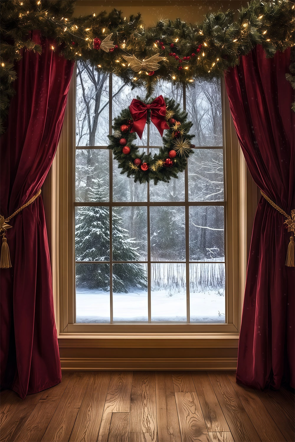 Weihnachtsfenster-Hintergrund Samtvorhang Mit Verschneitem Blick Weihnachtshintergrund Für Fotografie RR69-49