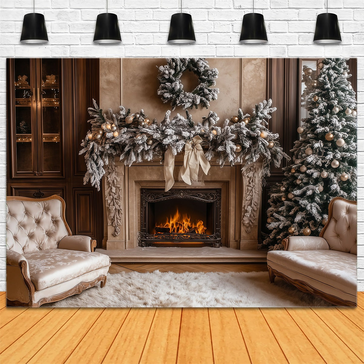 Weihnachts-Wohnzimmer-Hintergrund Kamin Weiße Girlande Weihnachts-Fotografie-Hintergründe RR69-50